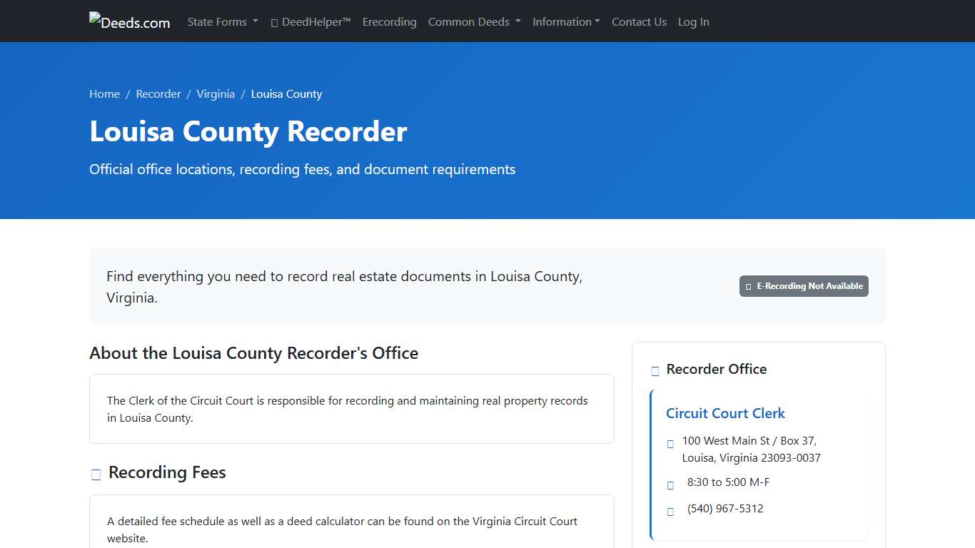 Louisa County Recorder Information, Virginia - Deeds.com